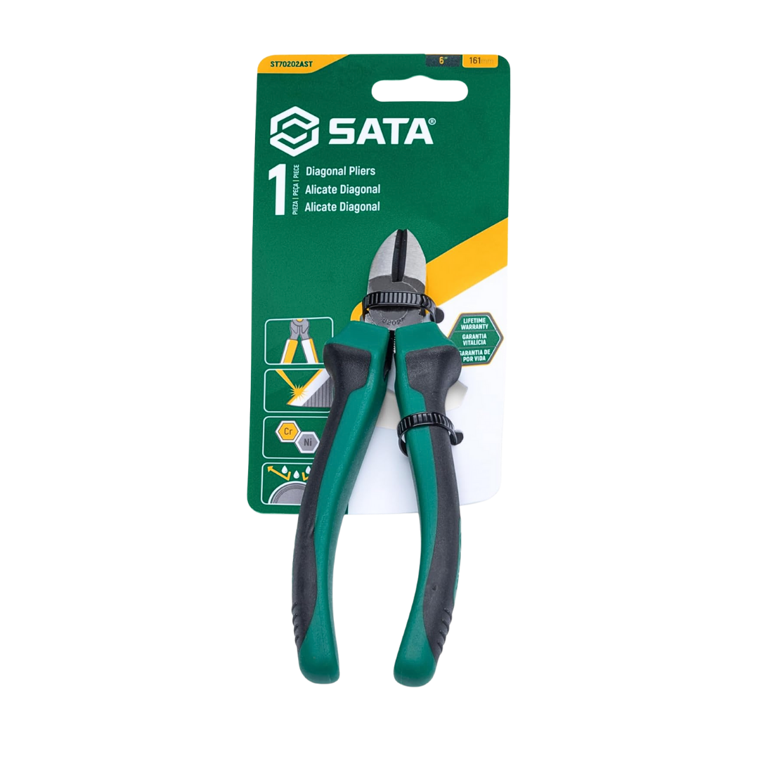 alicate corte diagonal sata, alicate 6 pulgadas, alicate profesional, tenaza sata, herramienta cromo niquel, alicate antideslizante, alicate eléctrico, herramientas de corte, alicate ergonómico, herramientas resistentes, corte preciso, alicate niquelado, alicate tratado térmicamente, alicate para mecánicos, herramientas SATA