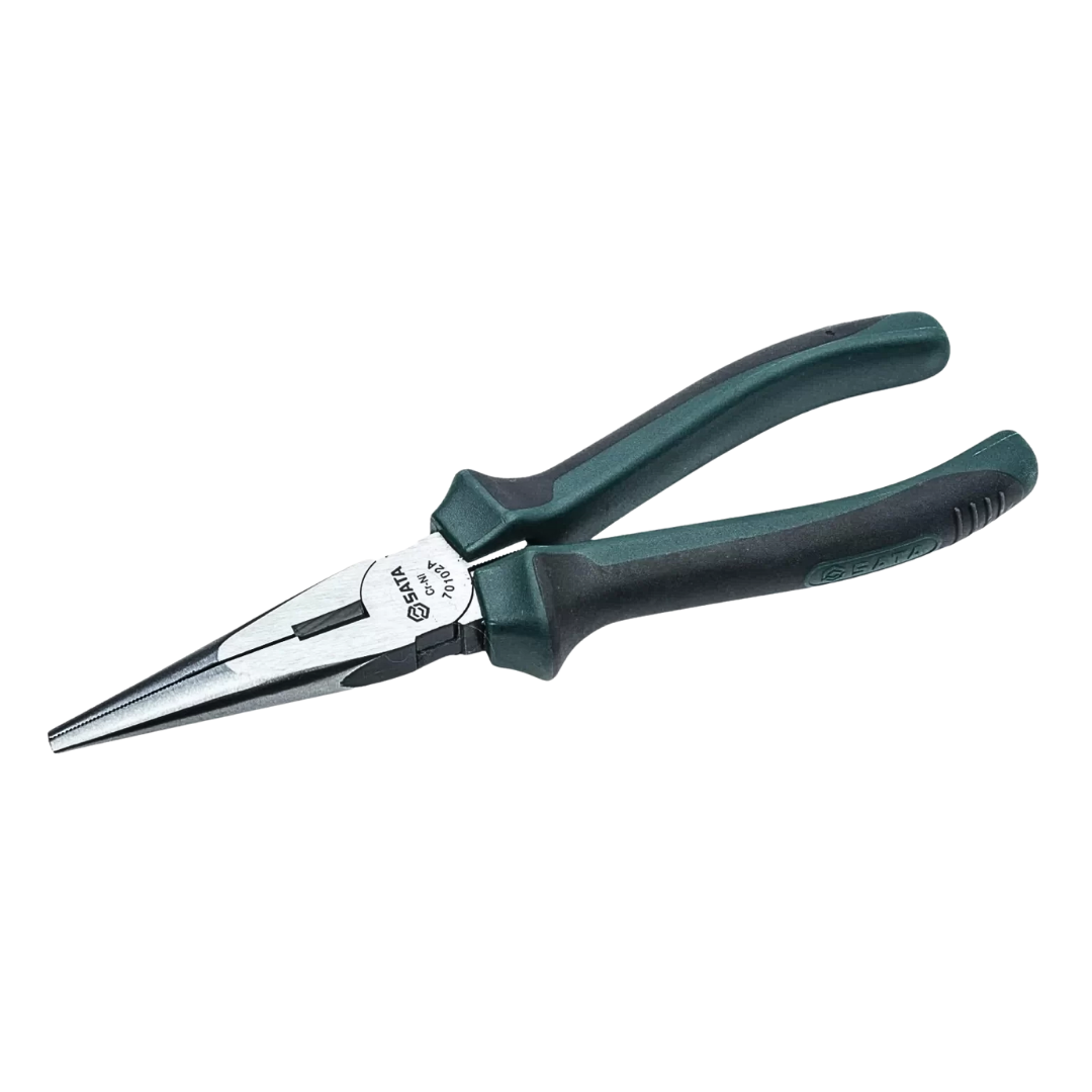 alicate punta larga sata, alicate 8 pulgadas, alicate profesional, herramienta de corte, alicate ergonómico, alicate para espacios reducidos, alicate cromo niquel, alicate resistente, herramientas de precisión, alicate antideslizante, cortar cobre hierro acero, herramientas SATA, alicate niquelado