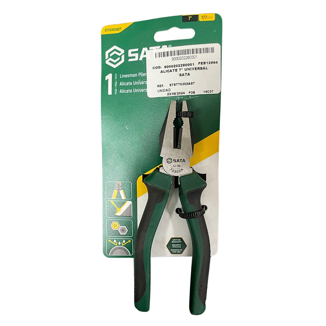 alicate universal sata, alicate 7 pulgadas, alicate profesional, alicate cromo niquel, alicate resistente a líquidos, herramientas de corte, tenaza universal, alicate antideslizante, herramientas ergonómicas, herramientas mecánicas, alicate tratado térmicamente, alicate inoxidable, herramientas de mano SATA, alicate multiuso, herramientas duraderas