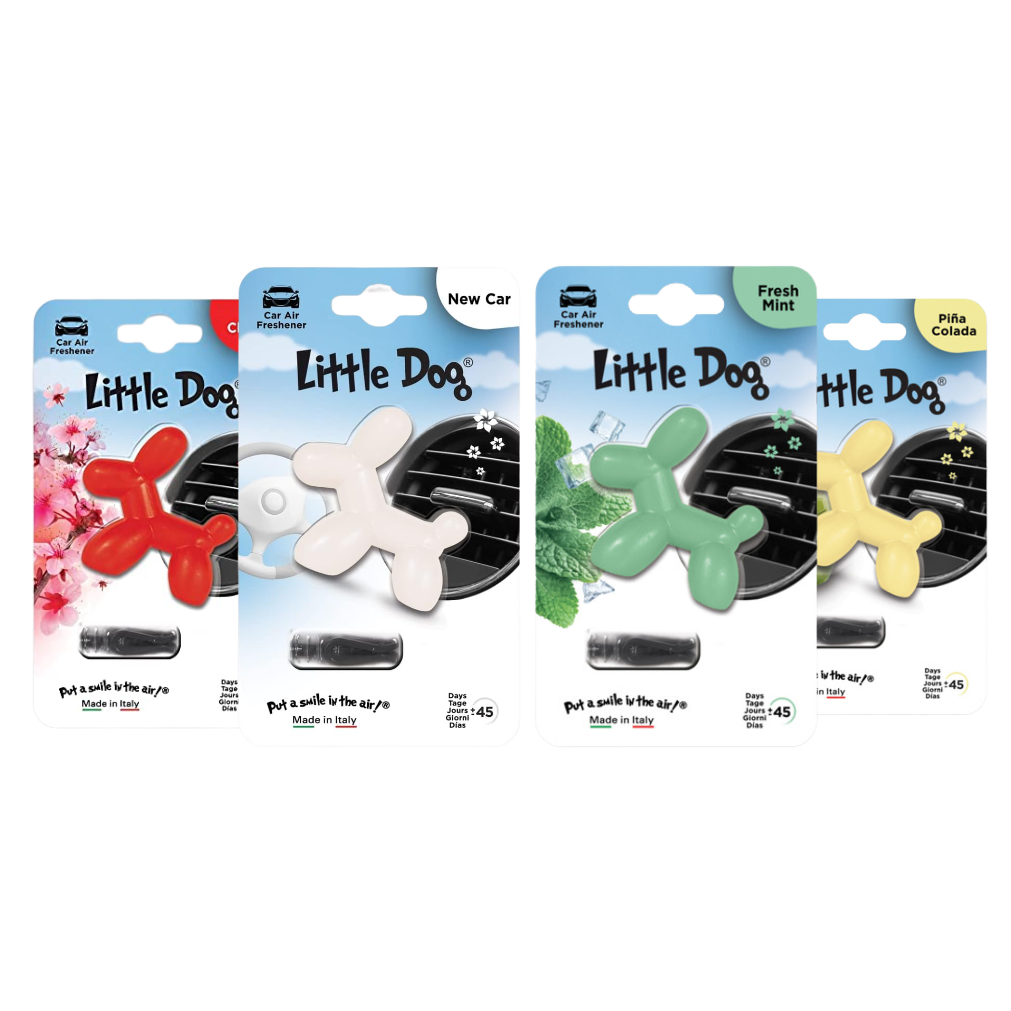 Ambientador Little Joe Dog con diseño de perrito, ideal para autos. Se instala fácil en la rejilla y libera aroma suave hasta por 45 días.