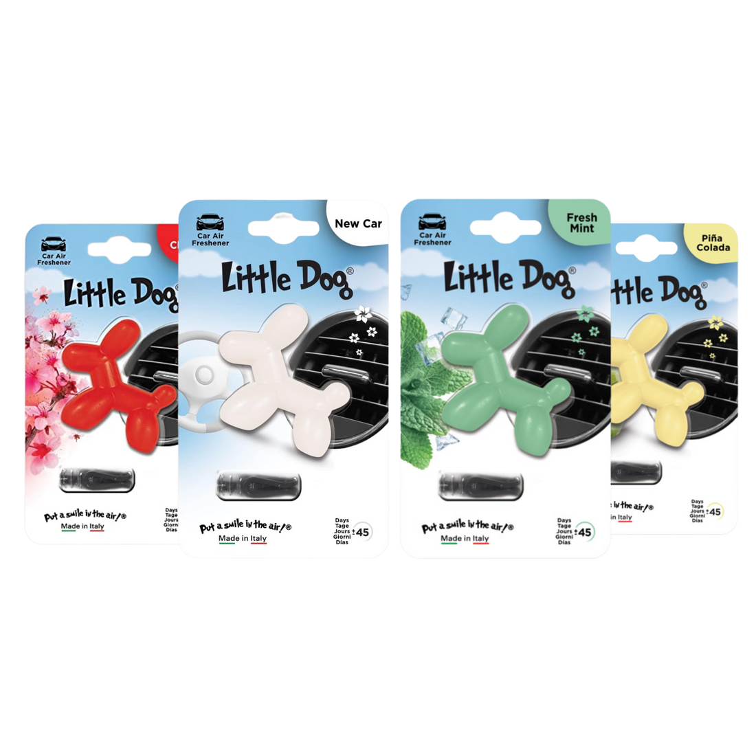 Ambientador Little Joe Dog con diseño de perrito, ideal para autos. Se instala fácil en la rejilla y libera aroma suave hasta por 45 días.