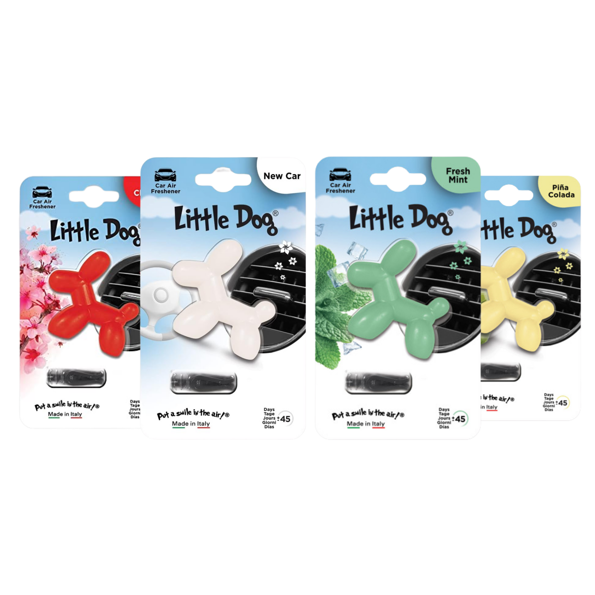 Ambientador Little Joe Dog con diseño de perrito, ideal para autos. Se instala fácil en la rejilla y libera aroma suave hasta por 45 días.