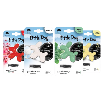 Ambientador Little Joe Dog con diseño de perrito, ideal para autos. Se instala fácil en la rejilla y libera aroma suave hasta por 45 días.