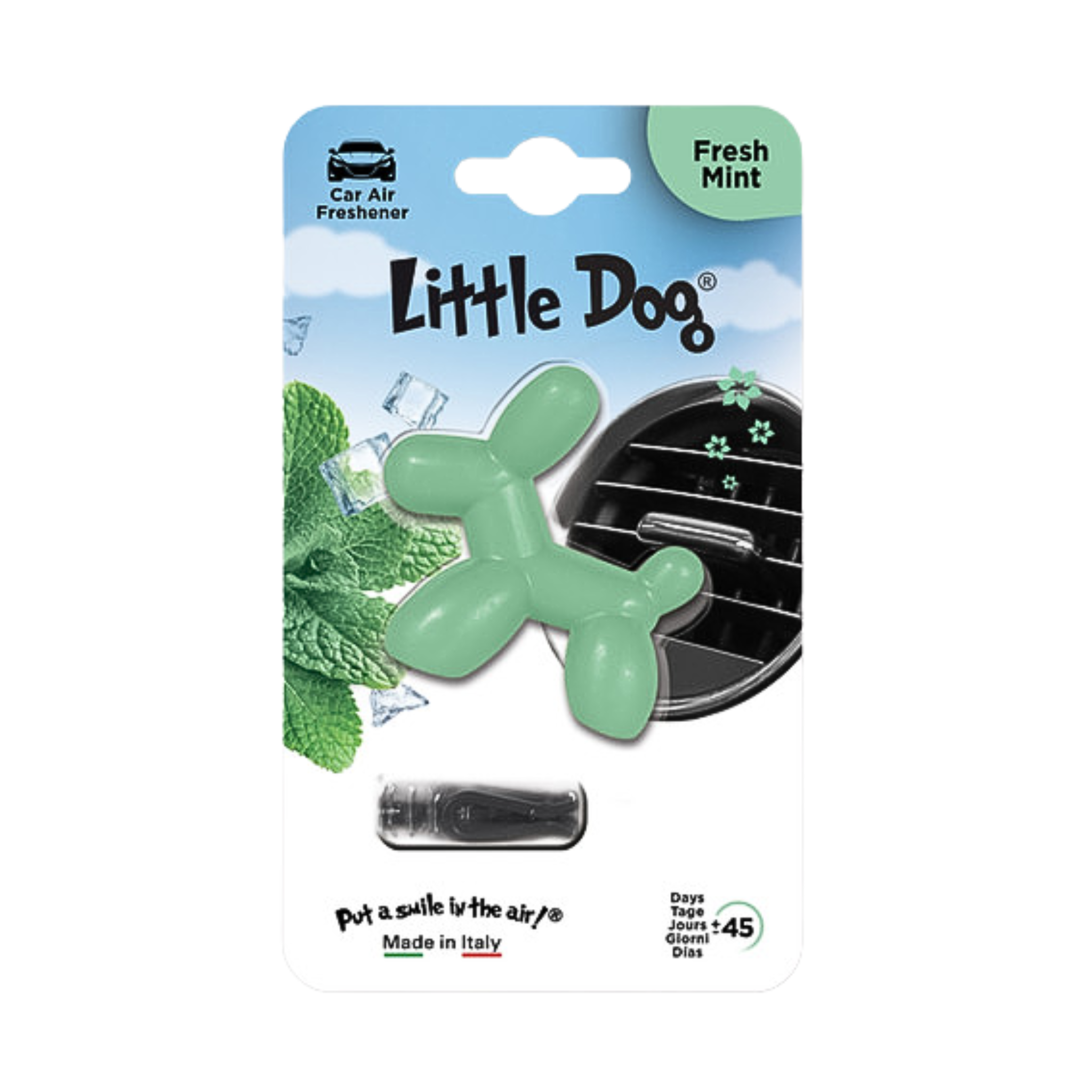 Ambientador Little Joe Dog con diseño de perrito, ideal para autos. Se instala fácil en la rejilla y libera aroma suave hasta por 45 días.