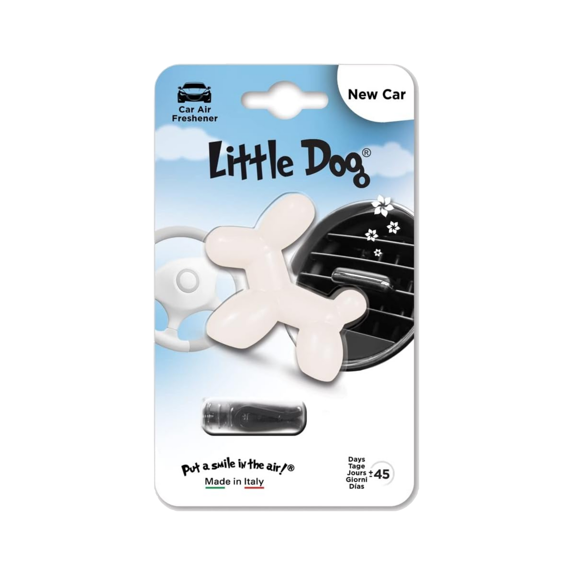 Ambientador Little Joe Dog con diseño de perrito, ideal para autos. Se instala fácil en la rejilla y libera aroma suave hasta por 45 días.