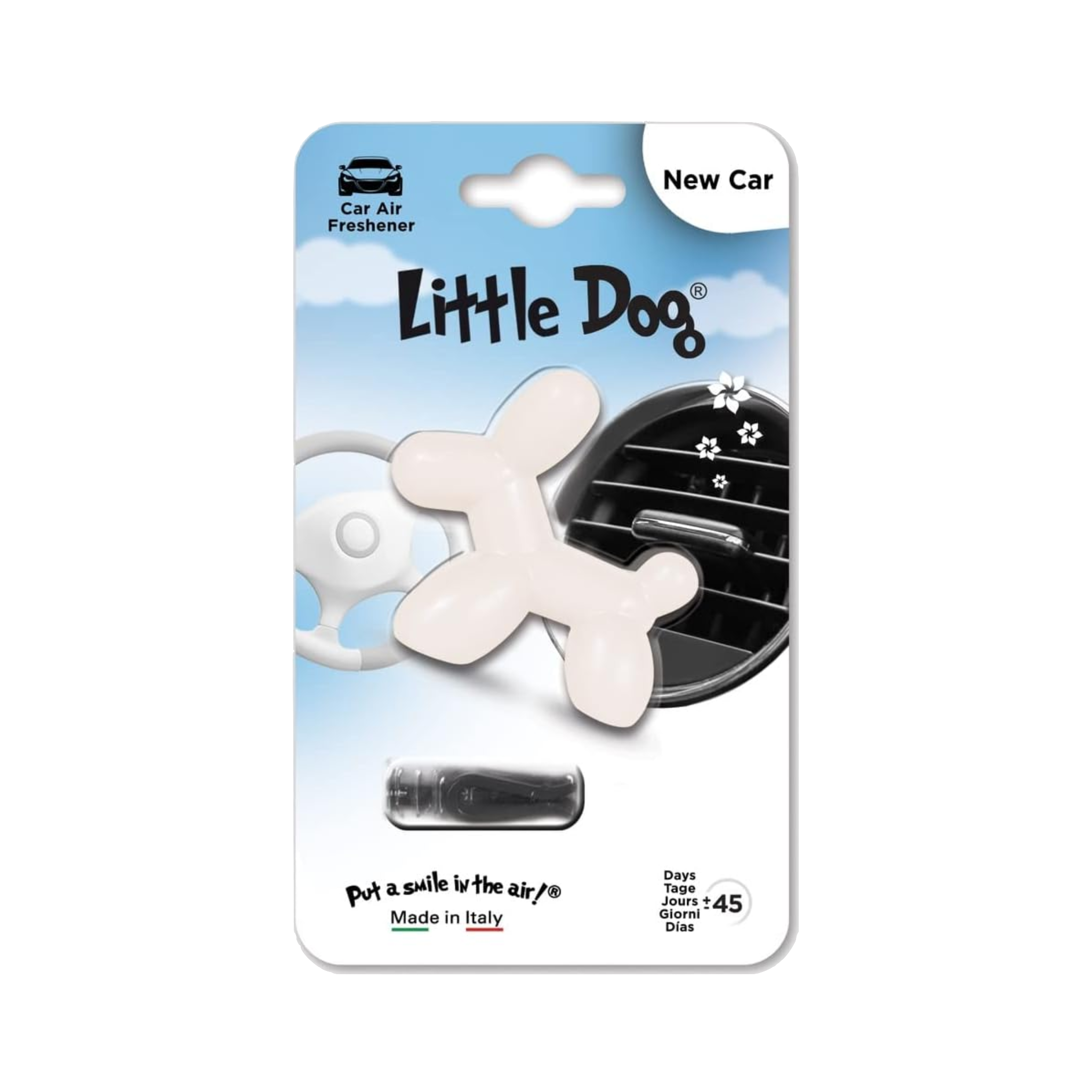 Ambientador Little Joe Dog con diseño de perrito, ideal para autos. Se instala fácil en la rejilla y libera aroma suave hasta por 45 días.