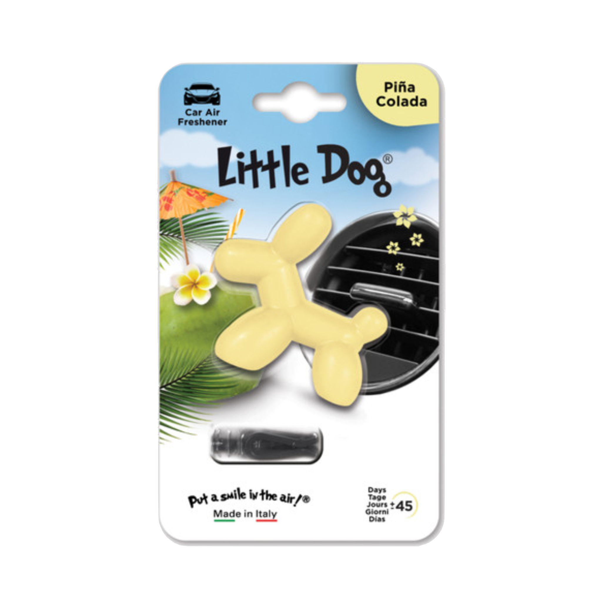 Ambientador Little Joe Dog con diseño de perrito, ideal para autos. Se instala fácil en la rejilla y libera aroma suave hasta por 45 días.