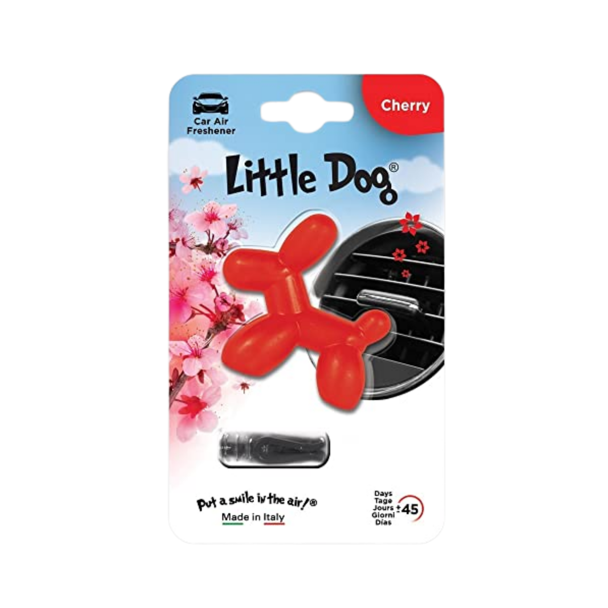 Ambientador Little Joe Dog con diseño de perrito, ideal para autos. Se instala fácil en la rejilla y libera aroma suave hasta por 45 días.