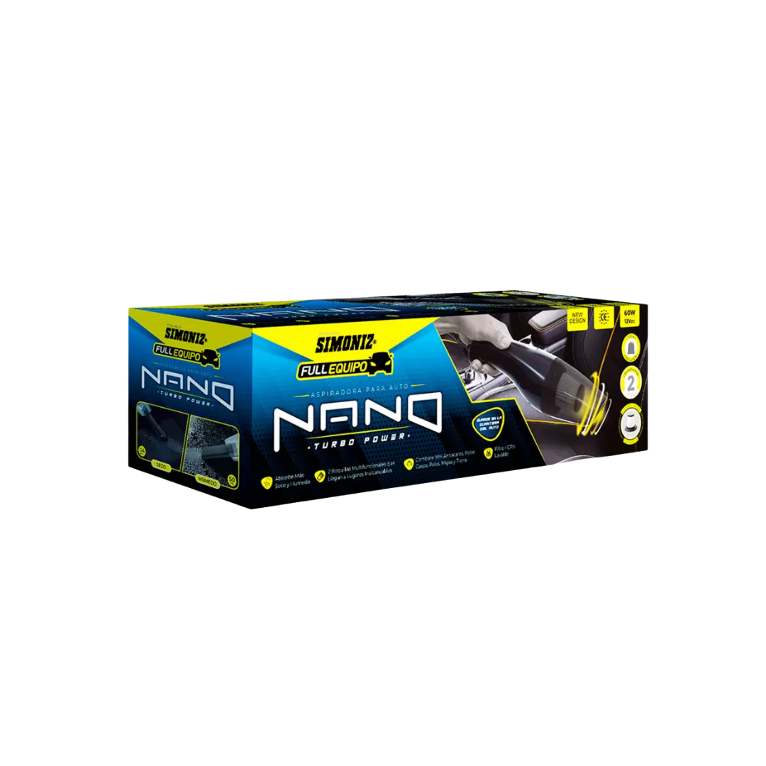Aspiradora para carro Nano Simoniz, con filtro HEPA lavable, 2 boquillas, potente succión y tamaño compacto. Ideal para carro, casa y mascotas.