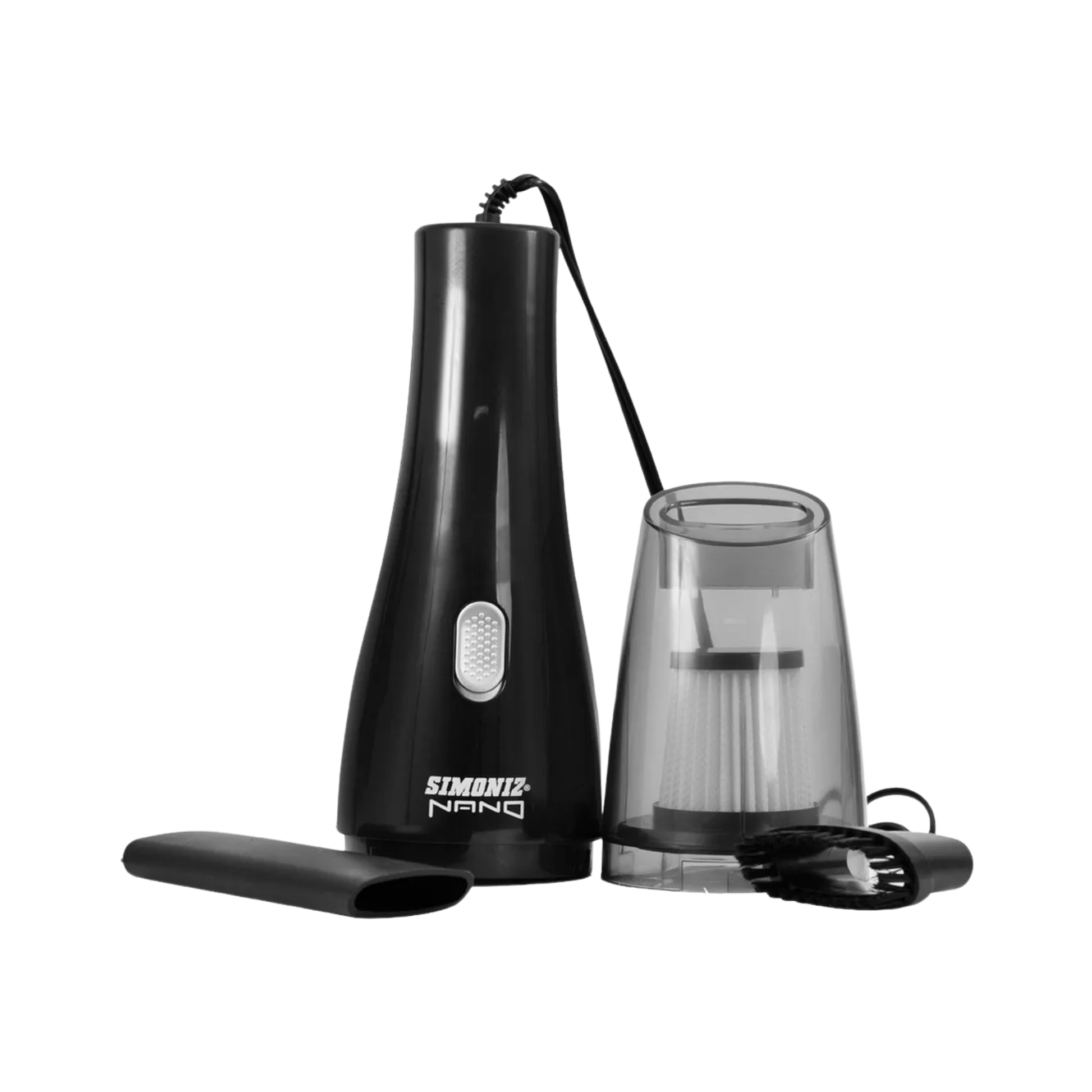 Aspiradora para carro Nano Simoniz, con filtro HEPA lavable, 2 boquillas, potente succión y tamaño compacto. Ideal para carro, casa y mascotas.