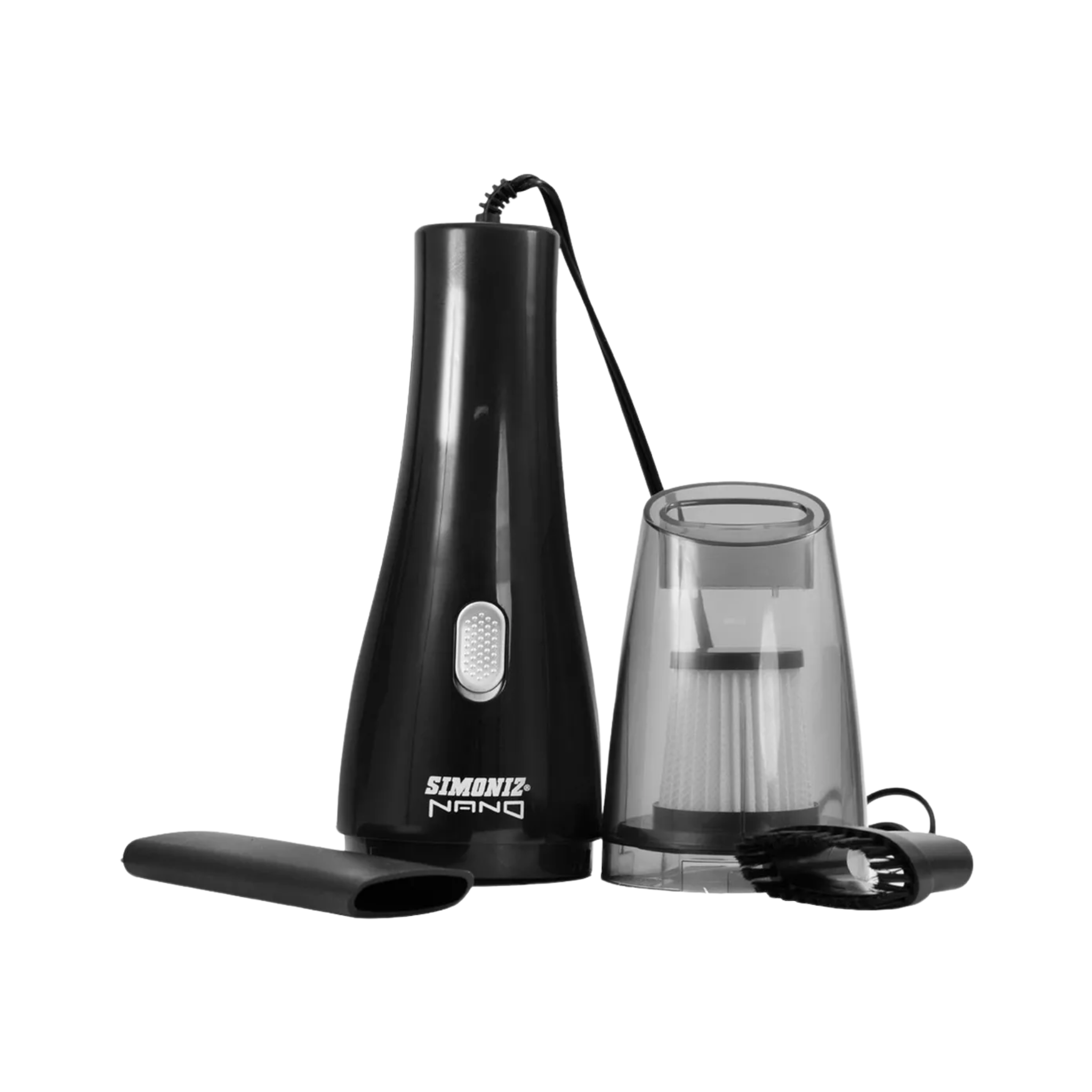 Aspiradora para carro Nano Simoniz, con filtro HEPA lavable, 2 boquillas, potente succión y tamaño compacto. Ideal para carro, casa y mascotas.