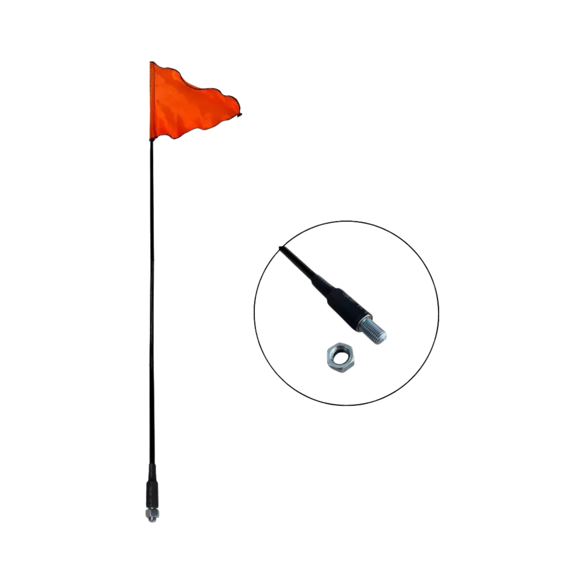 Asta/Varilla de 1.2 m con fijación de tornillo y tuerca, ideal para motos, cuatrimotos y remolques. Incluye bandera reflectiva de 28x23 cm para mayor visibilidad.