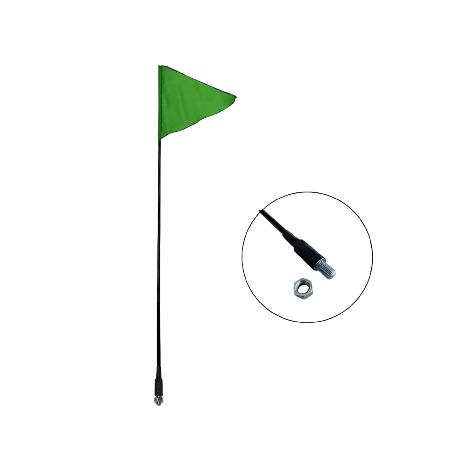 Asta/Varilla de 1.2 m con fijación de tornillo y tuerca, ideal para motos, cuatrimotos y remolques. Incluye bandera reflectiva de 28x23 cm para mayor visibilidad.