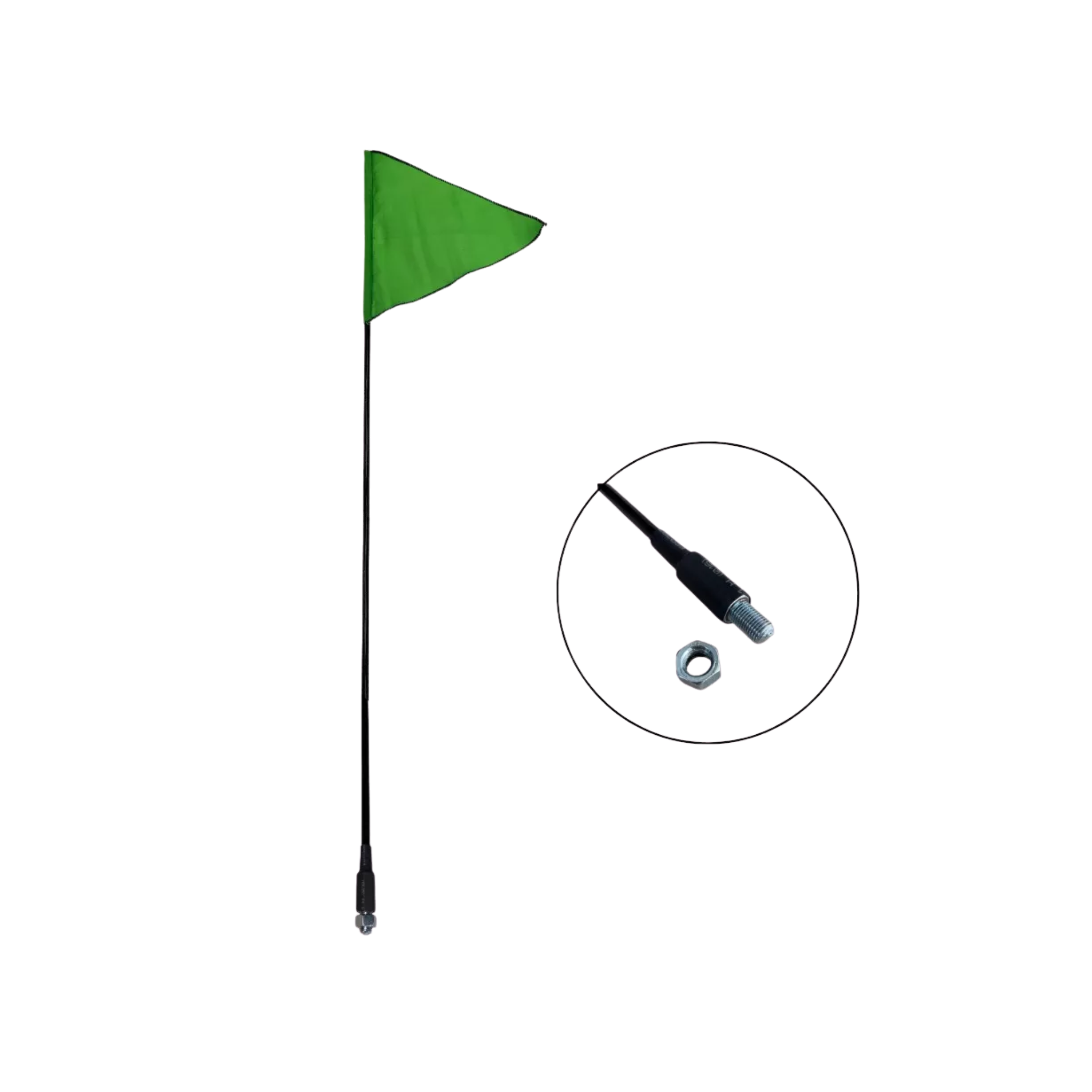 Asta/Varilla de 1.2 m con fijación de tornillo y tuerca, ideal para motos, cuatrimotos y remolques. Incluye bandera reflectiva de 28x23 cm para mayor visibilidad.