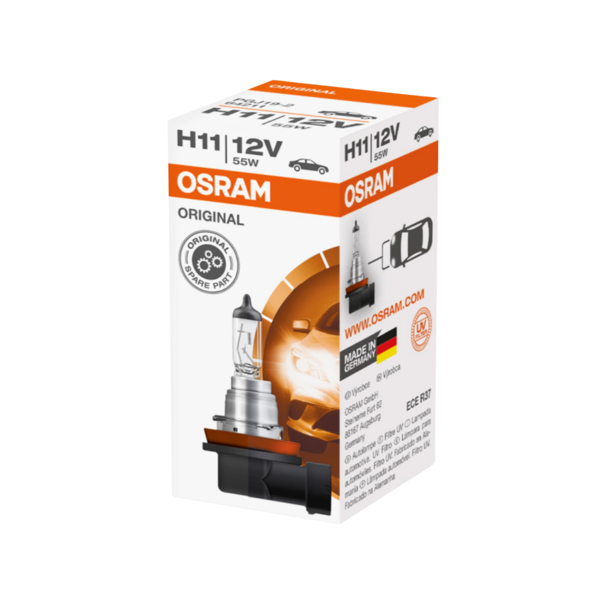 Bombillo H11 Osram de 12V y 55W, ideal para motos, carros y camionetas. Luz halógena de 3.200K, ofrece alto rendimiento y mantiene la originalidad del vehículo.