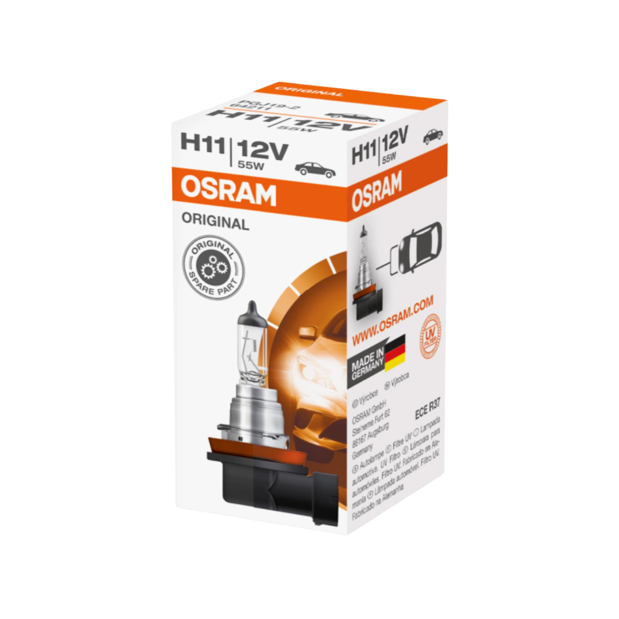 Bombillo H11 Osram de 12V y 55W, ideal para motos, carros y camionetas. Luz halógena de 3.200K, ofrece alto rendimiento y mantiene la originalidad del vehículo.