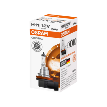 Bombillo H11 Osram de 12V y 55W, ideal para motos, carros y camionetas. Luz halógena de 3.200K, ofrece alto rendimiento y mantiene la originalidad del vehículo.