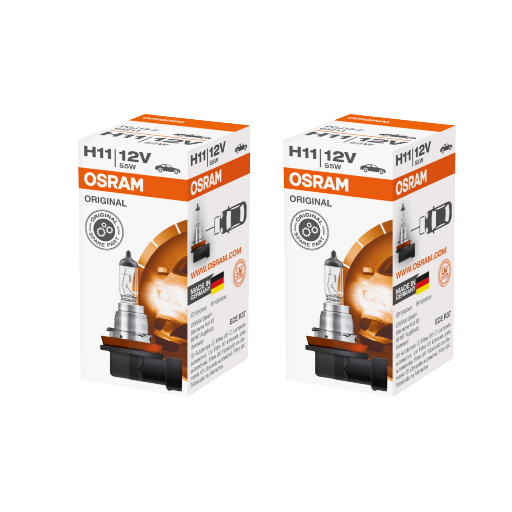 Bombillo H11 Osram de 12V y 55W, ideal para motos, carros y camionetas. Luz halógena de 3.200K, ofrece alto rendimiento y mantiene la originalidad del vehículo.