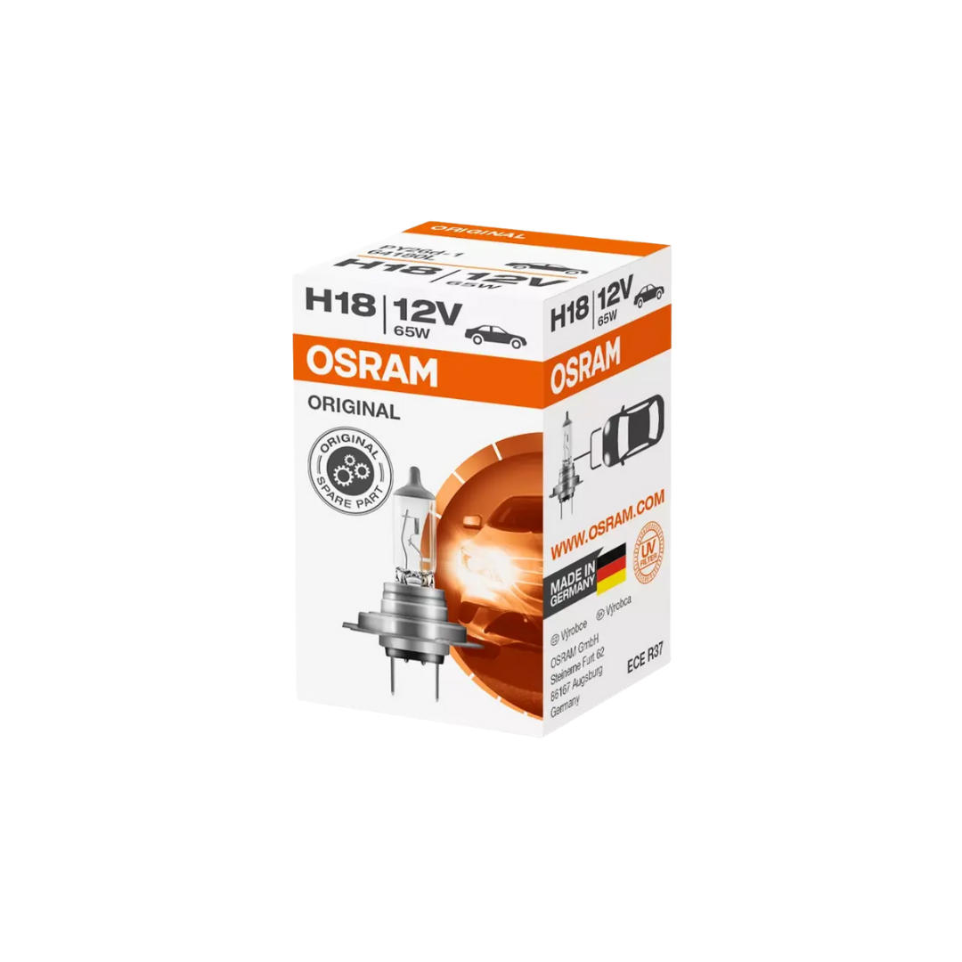 bombillo h18 osram, bombillo 64180L, bombillo h18 12v 65w, osram h18 carro, lámpara halógena osram, repuesto original osram, bombillo faro delantero, luz 1700 lúmenes, norma ece r37, bombillo auto h18, osram made in germany, iluminación automotriz potente, foco h18 osram
