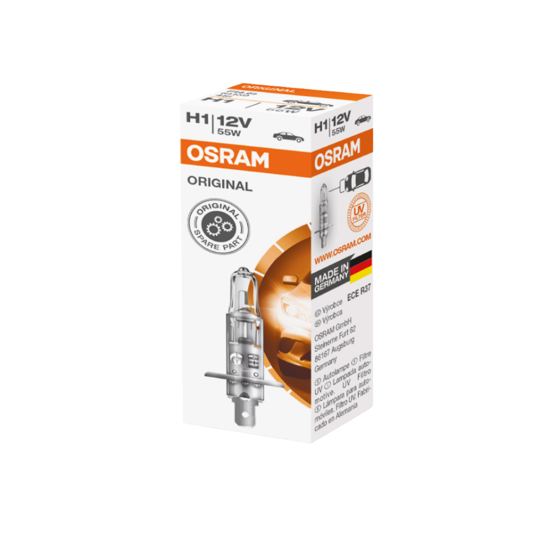 bombillo h1 osram, bombillo h1 12v 55w, lámpara retrofit led h1, repuesto original osram, luz blanca 6000k, bombillo para carro h1, bombillo moto h1, osram 25w, bombillo base P14.5s, iluminación frontal auto, bombillo h1 camioneta, bombillo h1 luz moderna, osram luz blanca, bombillo duradero auto
