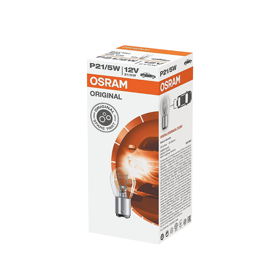 Bombillo Osram P21/5W 12V con base Bay15d y 440 lúmenes. Doble función para luz de freno y posición. Repuesto confiable, compatible con vehículos específicos.