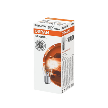Bombillo Osram P21/5W 12V con base Bay15d y 440 lúmenes. Doble función para luz de freno y posición. Repuesto confiable, compatible con vehículos específicos.
