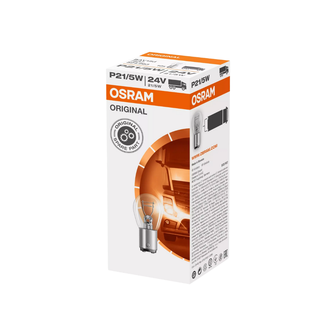 bombillo 24v, bombillo osram p21/5w, luz freno camión, bombillo doble filamento, bombillo bay15d, osram 24v 21/5w, repuesto luces traseras, iluminación vehículo pesado, bombillo camión, bombillo posición y freno