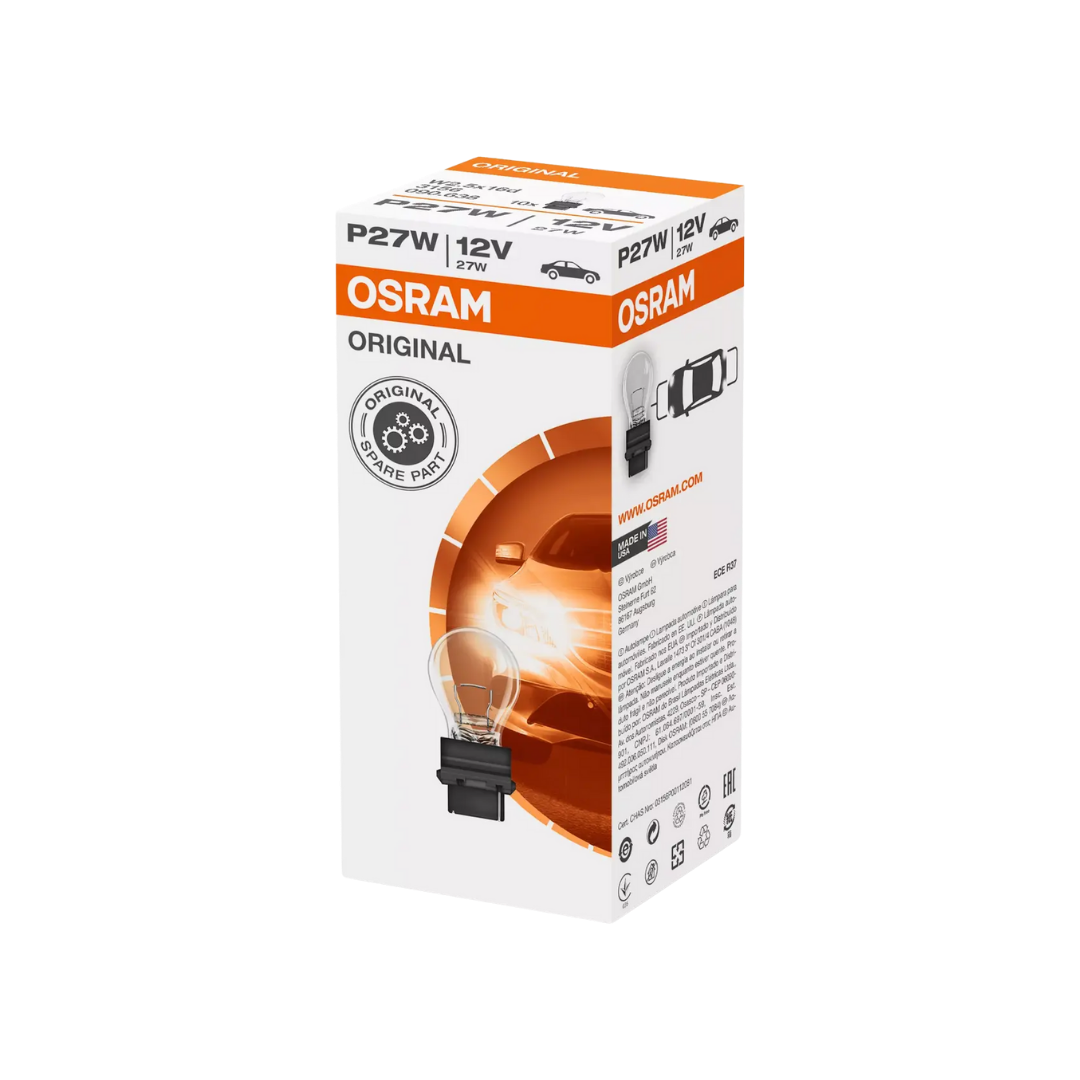 bombillo osram p27w, bombillo 12v 27w, bombillo luces traseras, bombillo direccional carro, bombillo freno osram, bombillo w2.5x16d, bombillo 475 lúmenes, bombillo osram 1200h, iluminación automotriz, bombillo señalización trasera