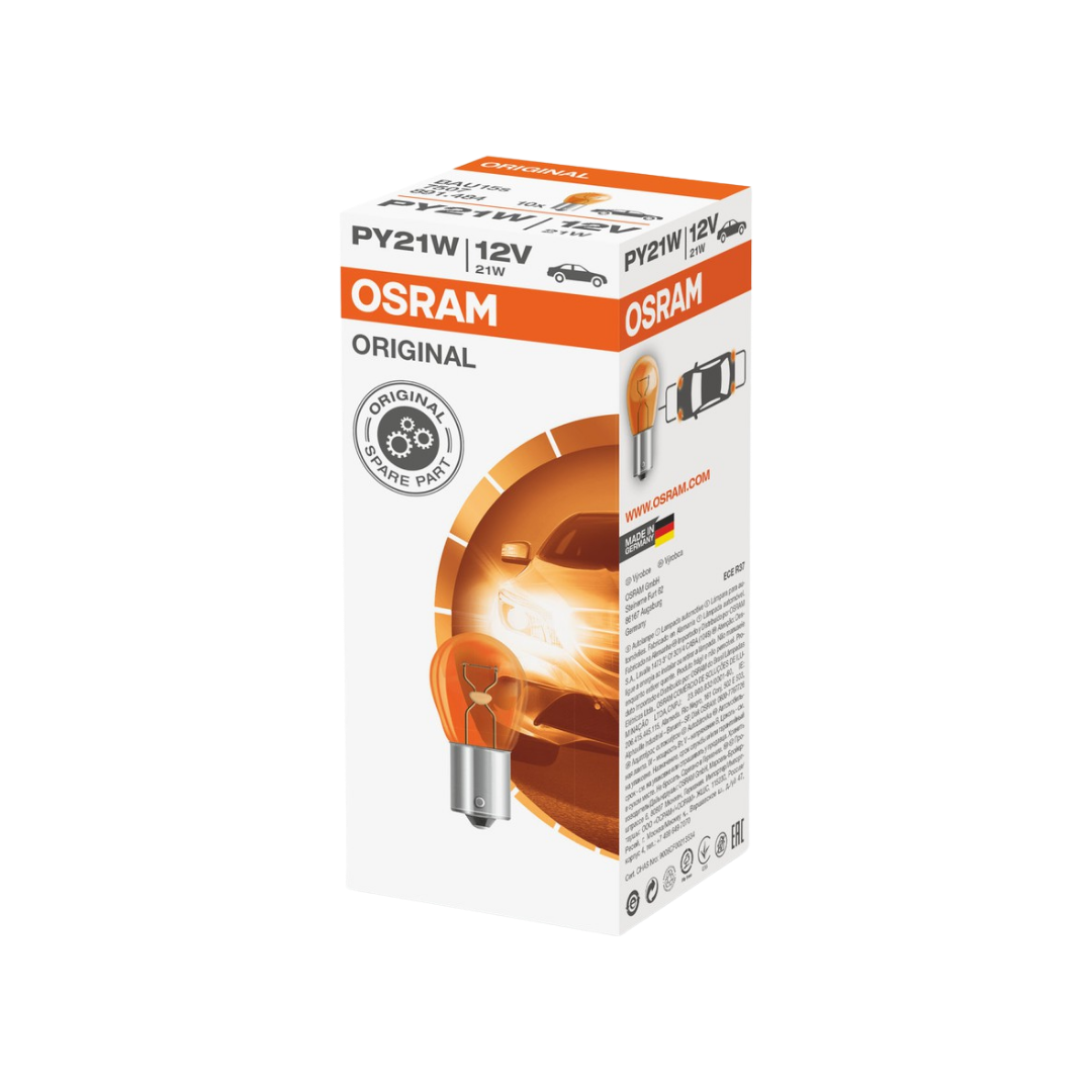 bombillo py21w osram, osram 21w 12v, bombillo direccional carro, lámpara señalización automotriz, py21w bau15s, luz intermitente osram, bombillo señal auto, bombillo 12v osram, foco py21w naranja, repuesto luz direccional osram