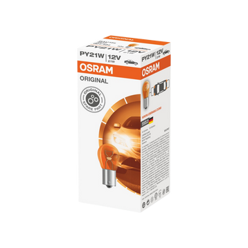 bombillo py21w osram, osram 21w 12v, bombillo direccional carro, lámpara señalización automotriz, py21w bau15s, luz intermitente osram, bombillo señal auto, bombillo 12v osram, foco py21w naranja, repuesto luz direccional osram