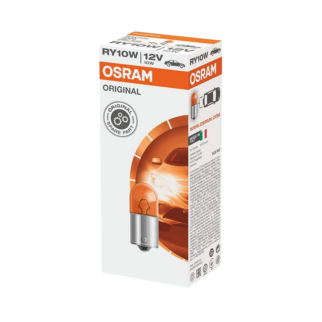 Bombillo Osram RY10W 12V 10W modelo 5009, luz ámbar para señalización lateral o intermitentes. Compatible con sistemas OEM