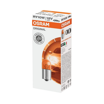 Bombillo Osram RY10W 12V 10W modelo 5009, luz ámbar para señalización lateral o intermitentes. Compatible con sistemas OEM