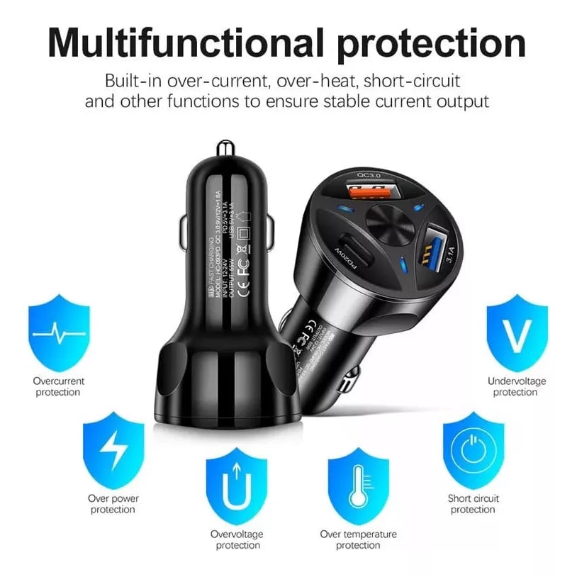 Cargador triple blanco para carro con 1 puerto Tipo C y 2 USB. Carga rápida inteligente sin dañar tu equipo. Ideal para viajes o uso diario.