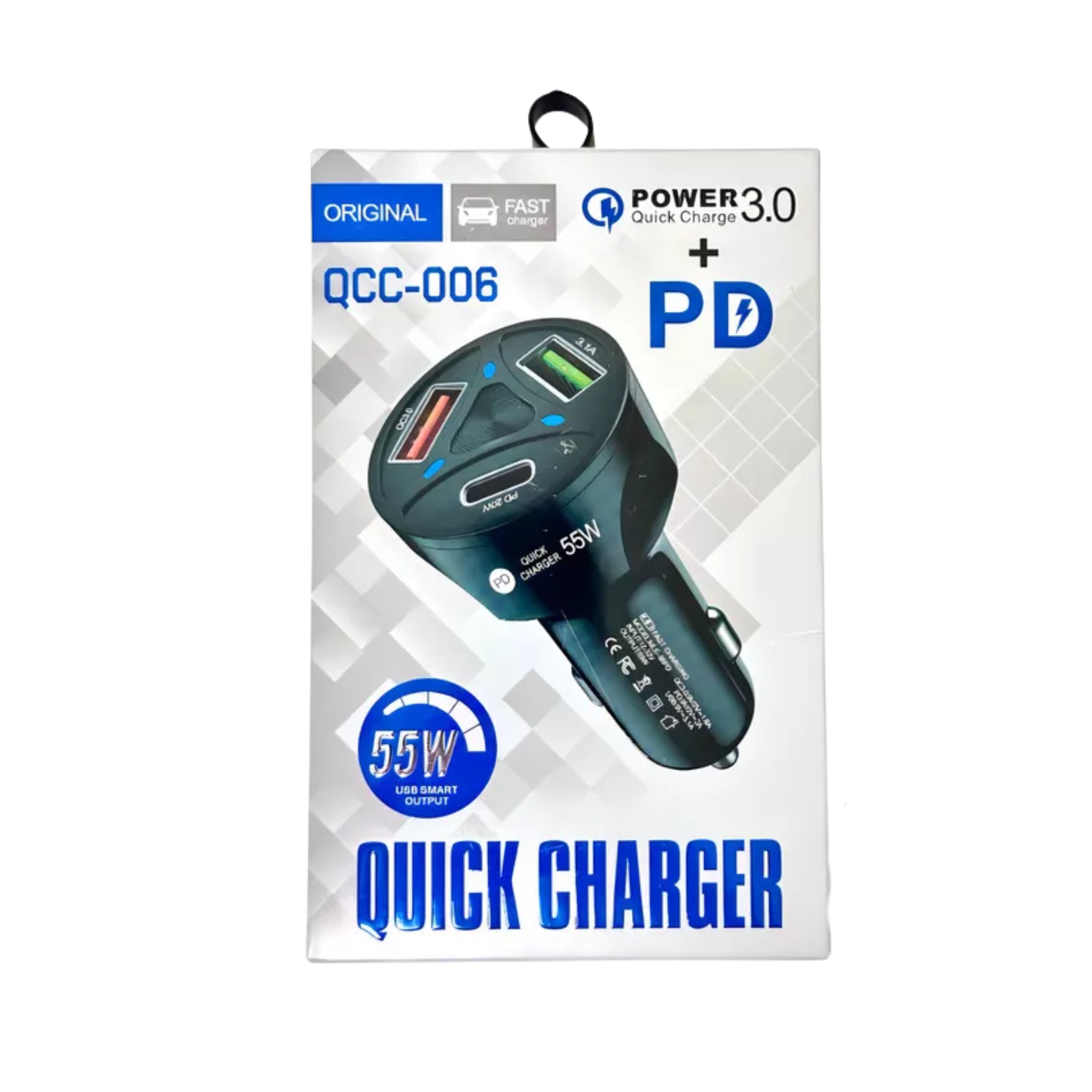 Cargador triple blanco para carro con 1 puerto Tipo C y 2 USB. Carga rápida inteligente sin dañar tu equipo. Ideal para viajes o uso diario.