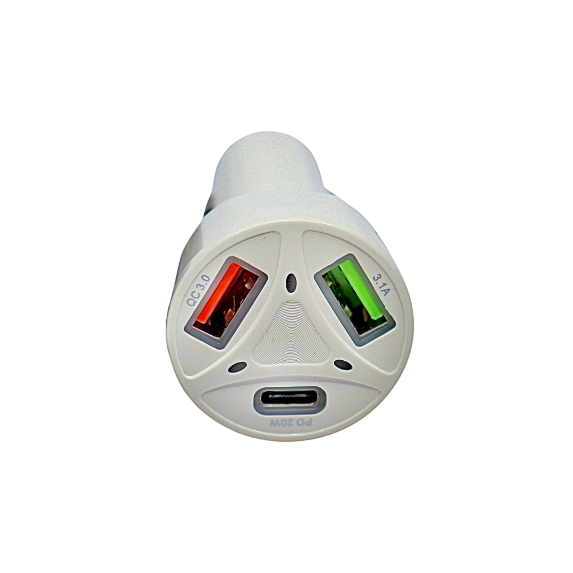 Cargador triple blanco para carro con 1 puerto Tipo C y 2 USB. Carga rápida inteligente sin dañar tu equipo. Ideal para viajes o uso diario.
