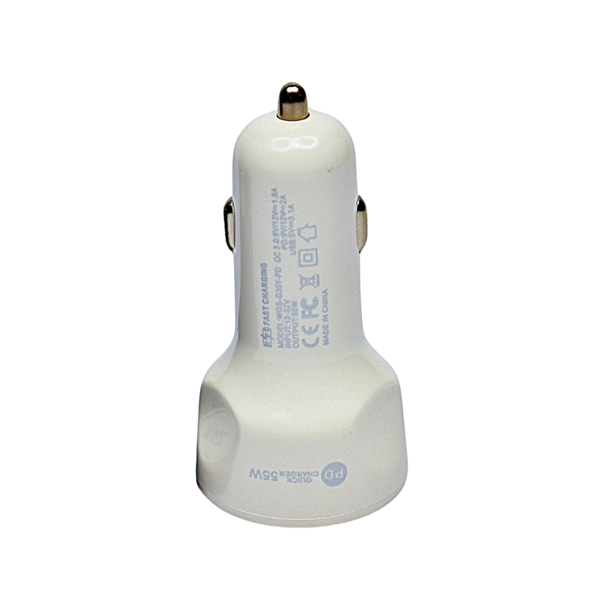 Cargador triple blanco para carro con 1 puerto Tipo C y 2 USB. Carga rápida inteligente sin dañar tu equipo. Ideal para viajes o uso diario.