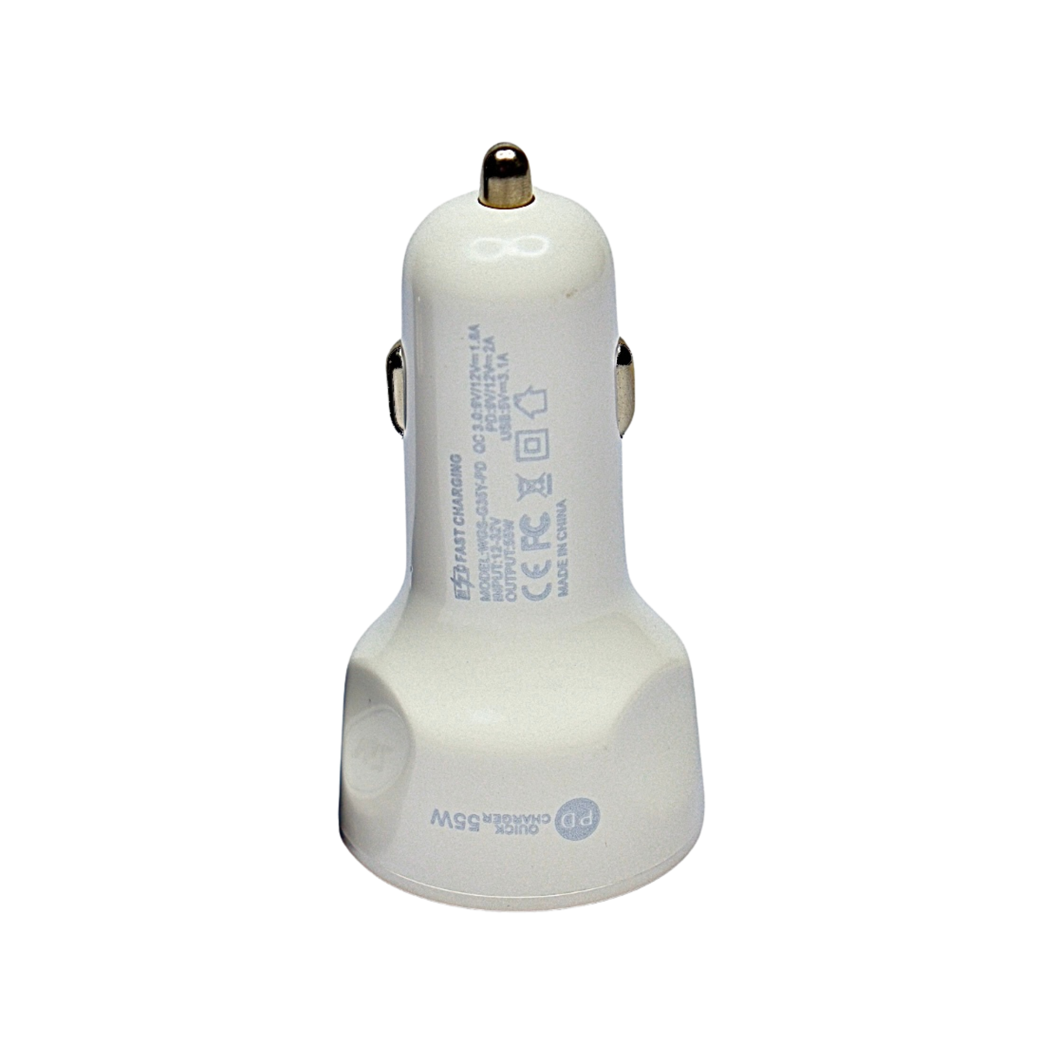 Cargador triple blanco para carro con 1 puerto Tipo C y 2 USB. Carga rápida inteligente sin dañar tu equipo. Ideal para viajes o uso diario.