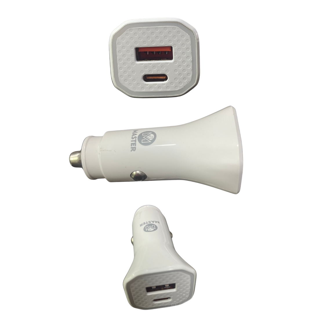 cargador carro, cargador encendedor, cargador USB auto, cargador tipo C carro, cargador Master blanco, accesorios vehículo, cargador doble puerto
