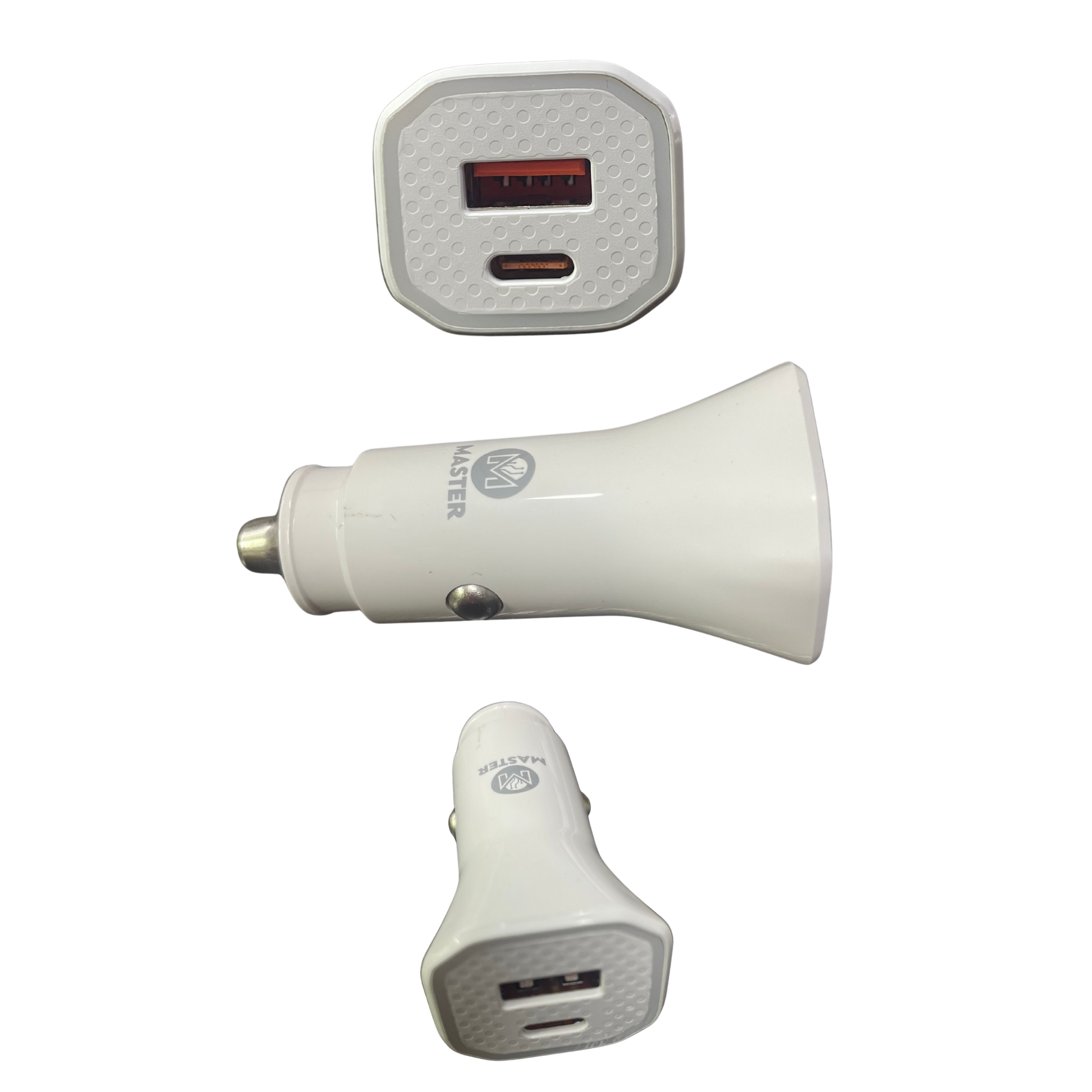 cargador carro, cargador encendedor, cargador USB auto, cargador tipo C carro, cargador Master blanco, accesorios vehículo, cargador doble puerto