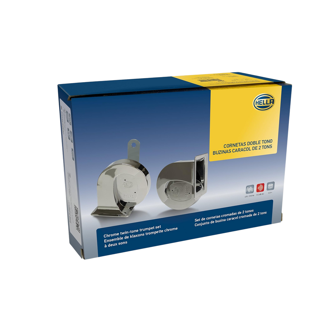  Cornetas Hella cromadas de trompeta 12V, tono alto y bajo. Potentes, universales, 112 dB, alto rendimiento y diseño. Sonido fuerte para máxima seguridad.