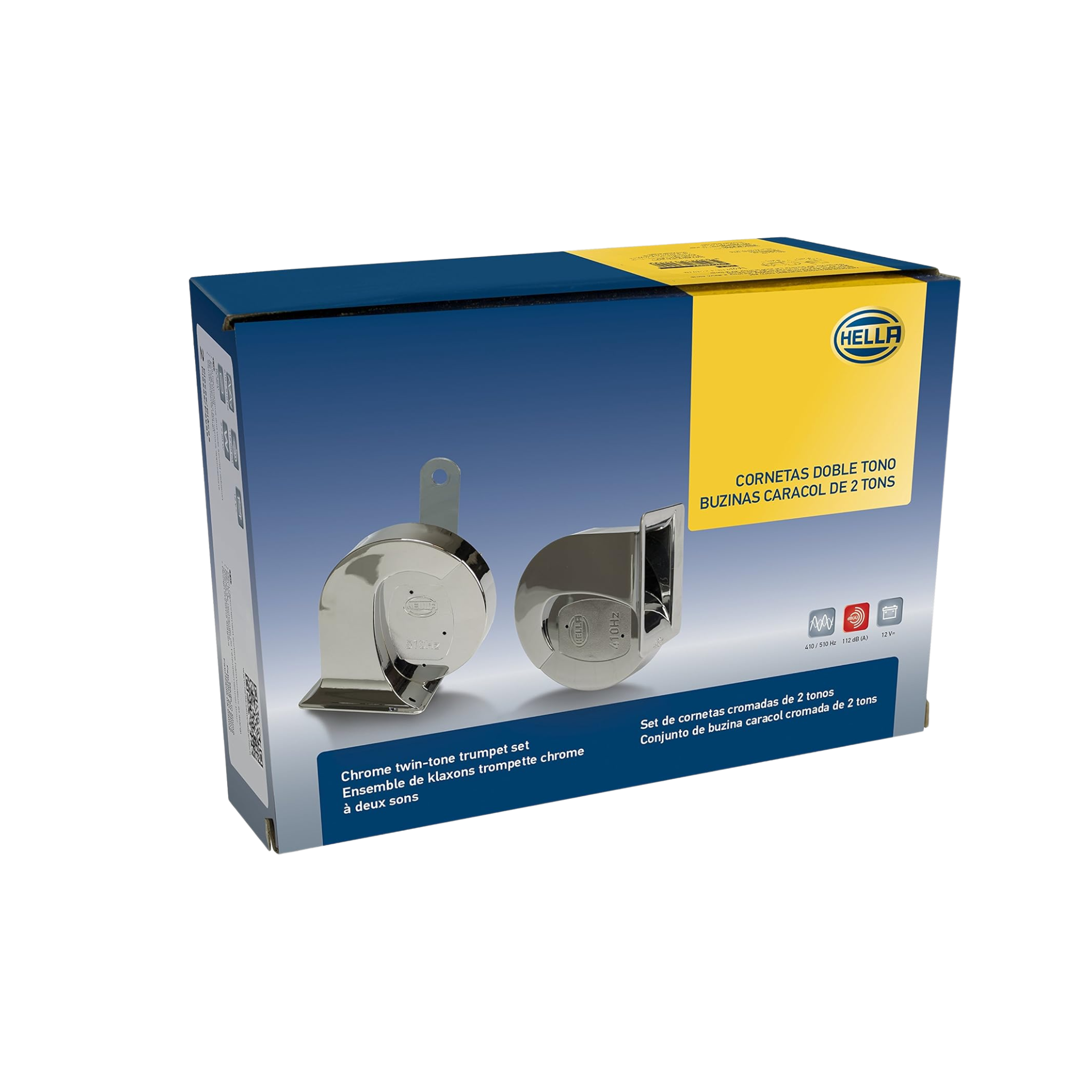  Cornetas Hella cromadas de trompeta 12V, tono alto y bajo. Potentes, universales, 112 dB, alto rendimiento y diseño. Sonido fuerte para máxima seguridad.