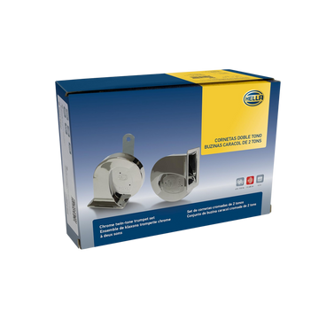  Cornetas Hella cromadas de trompeta 12V, tono alto y bajo. Potentes, universales, 112 dB, alto rendimiento y diseño. Sonido fuerte para máxima seguridad.