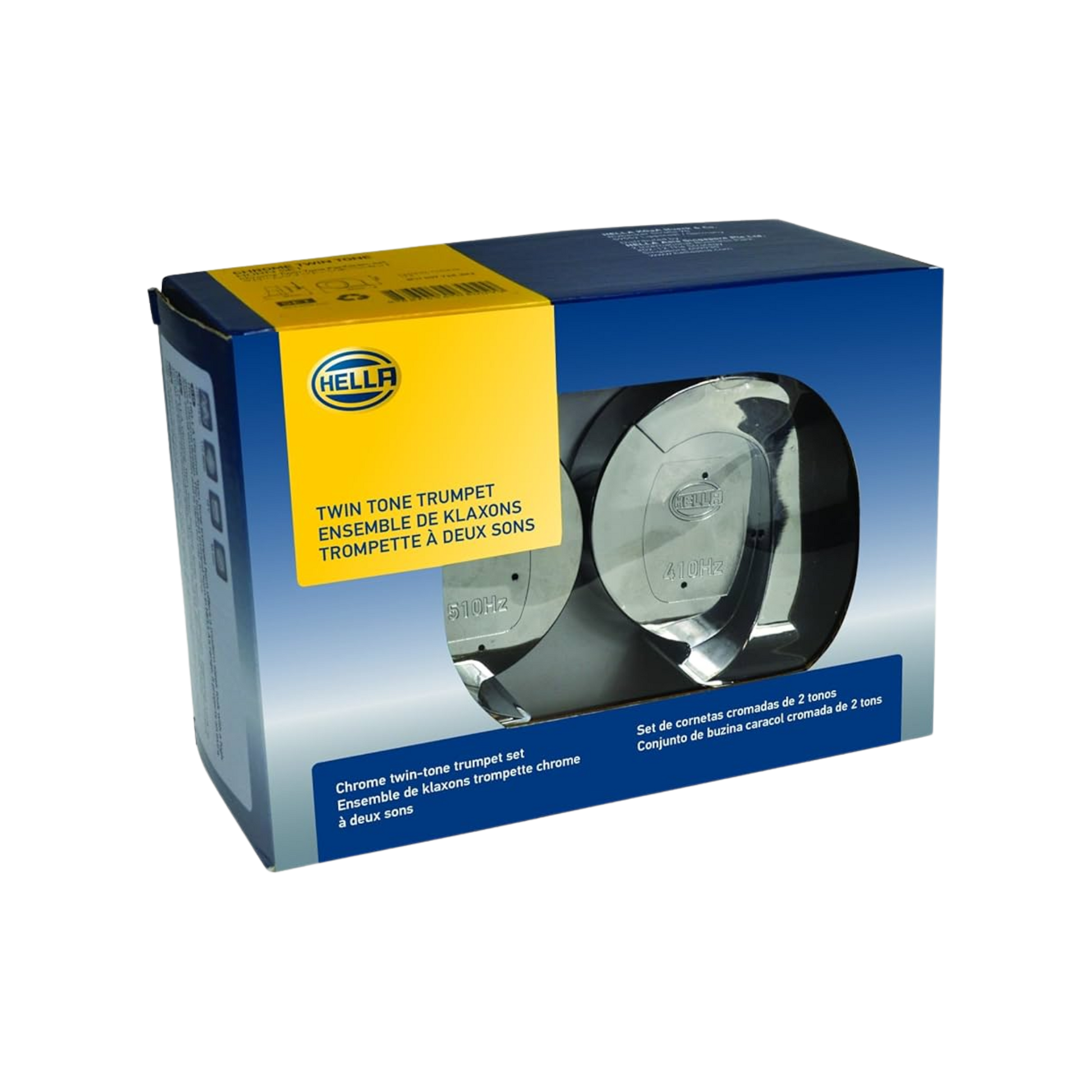 Cornetas Hella cromadas de trompeta 12V, tono alto y bajo. Potentes, universales, 112 dB, alto rendimiento y diseño. Sonido fuerte para máxima seguridad.