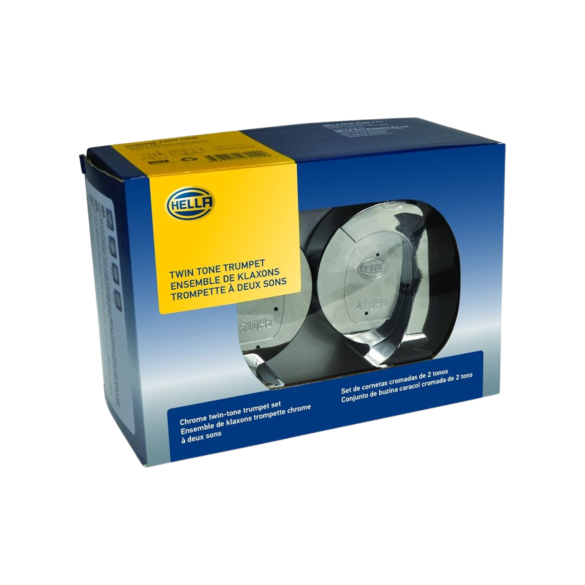 Cornetas Hella cromadas de trompeta 12V, tono alto y bajo. Potentes, universales, 112 dB, alto rendimiento y diseño. Sonido fuerte para máxima seguridad.
