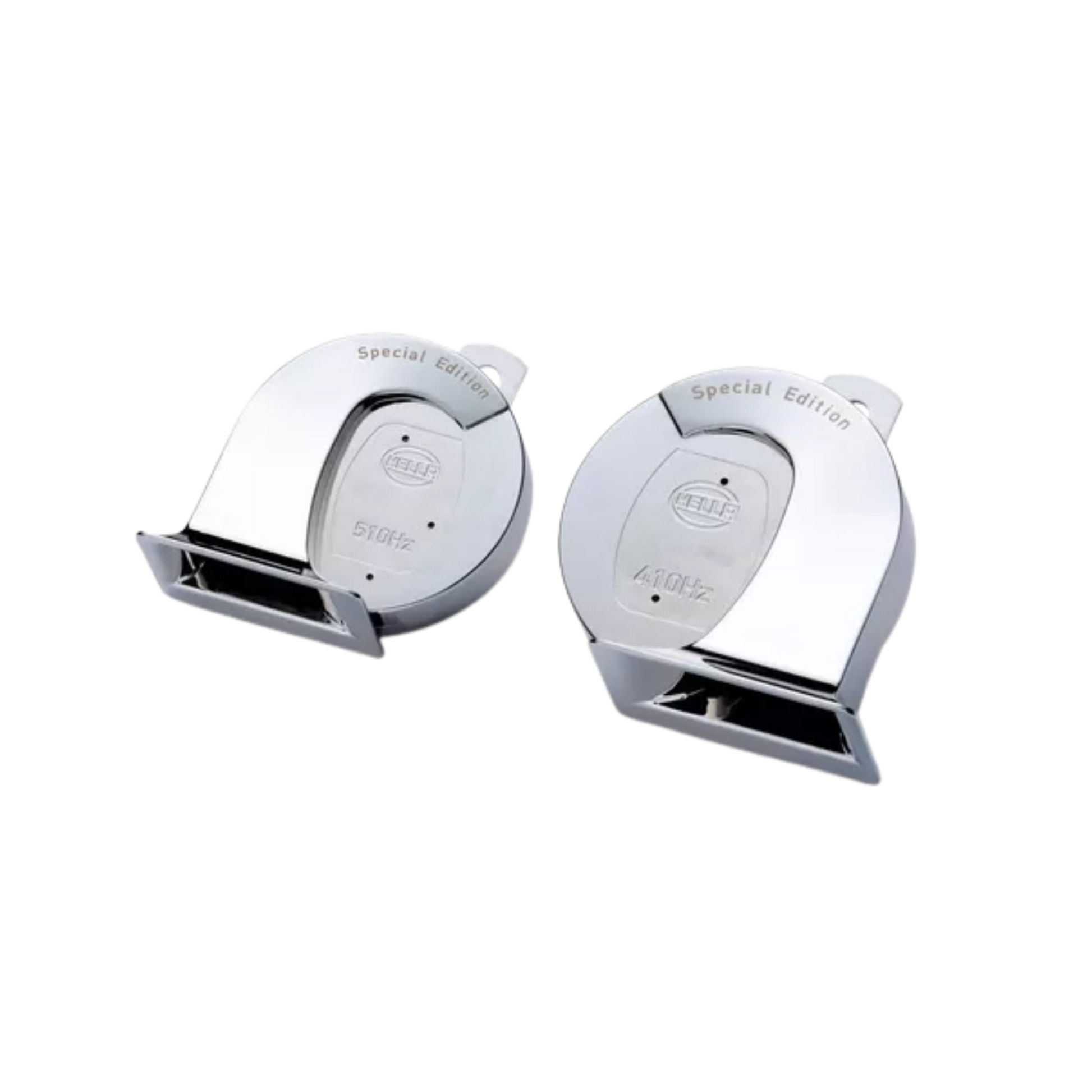 Cornetas Hella cromadas de trompeta 12V, tono alto y bajo. Potentes, universales, 112 dB, alto rendimiento y diseño. Sonido fuerte para máxima seguridad.