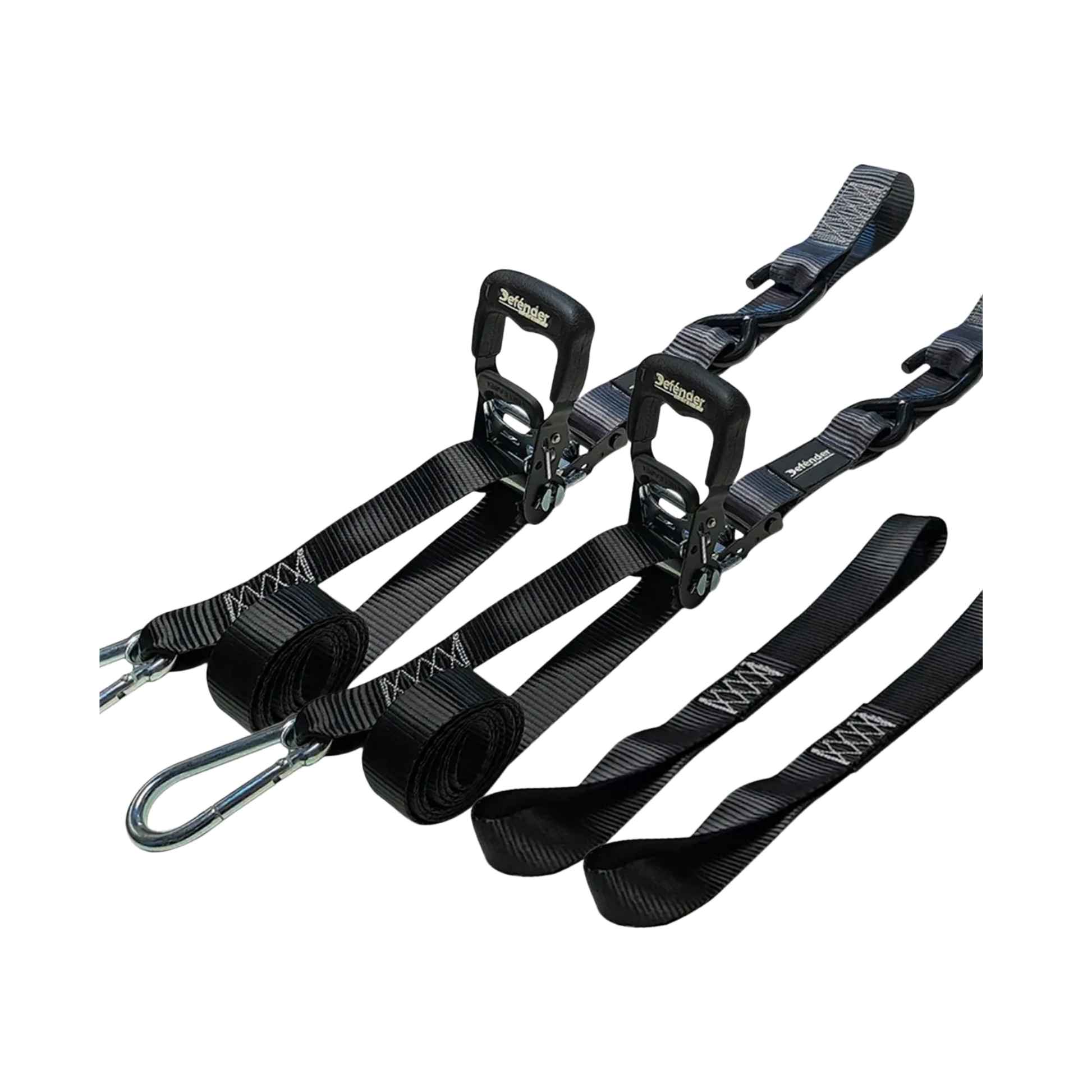 Correa de amarre Defénder con ratchet, fuerza de ruptura de 2,866 lb, 2 unidades, medidas de 2.5 cm x 1.6" para máxima sujeción y resistencia.


