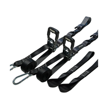 Correa de amarre Defénder con ratchet, fuerza de ruptura de 2,866 lb, 2 unidades, medidas de 2.5 cm x 1.6" para máxima sujeción y resistencia.

