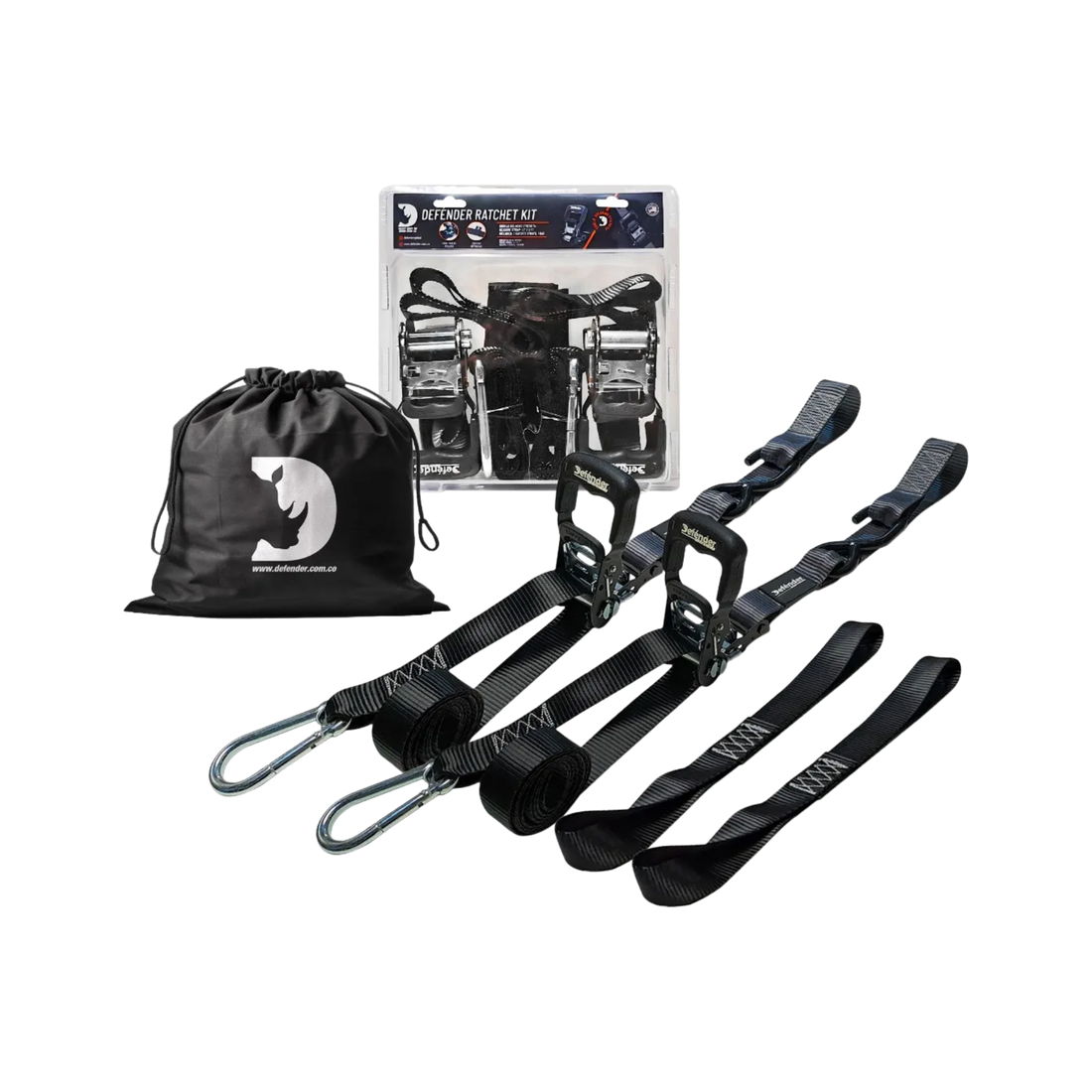 Correa de amarre Defénder con ratchet, fuerza de ruptura de 2,866 lb, 2 unidades, medidas de 2.5 cm x 1.6" para máxima sujeción y resistencia.

