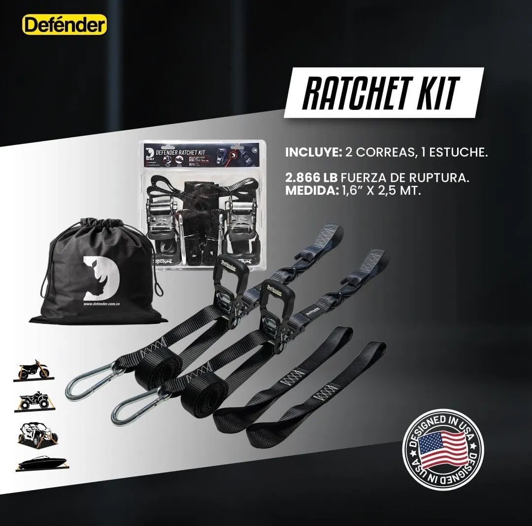 Correa de amarre Defénder con ratchet, fuerza de ruptura de 2,866 lb, 2 unidades, medidas de 2.5 cm x 1.6" para máxima sujeción y resistencia.

