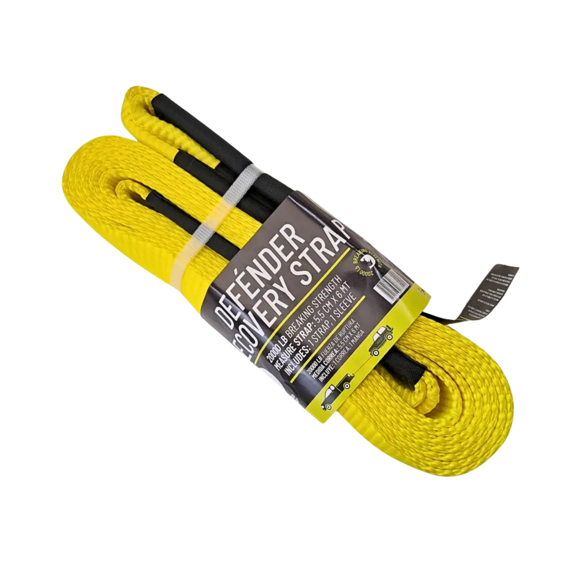 Correa de amarre tipo eslinga Defénder de 5.5 cm x 6 m, fuerza de ruptura de 20,000 lb, ideal para cargas pesadas con máxima resistencia y durabilidad.

